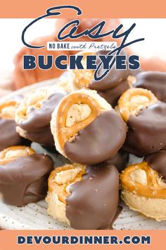 chocolate covered pretzels on a white plate with text overlay that reads easy no bake snacks buckeyes