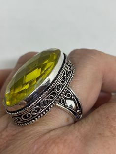 Large brilliant amber antique glass Ornate German Silver NOT 925 Vintage ring, does not tarnish Size 7 My jeweler will re size for a $20 fee All rings are shipped free I. The US in a nice gift box. Check out our over a THOUSAND great reviews Engraving is $4 per letter and is not always perfect depending on the piece. It can take a few days if the jeweler is busy. This is payable to Paypal Judithsltd@gmail.com Yellow Crystal Anniversary Ring, Yellow Crystal Ring For Anniversary, Yellow Oval Crystal Ring Gift, Yellow Oval Faceted Jewelry, Vintage Yellow Rings For Gift, Yellow Cabochon Rings For Anniversary, Yellow Faceted Ring For Gift, Yellow Faceted Rings As Gift, Yellow Faceted Rings As A Gift