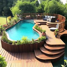 an above ground swimming pool surrounded by wooden decking and steps leading to the water