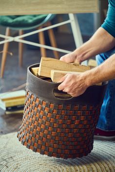 ✓ Modern leather storage basket ✓  Fireplace log holder from leather With this firewood woven leather basket you acquire not only a designer piece made with great craftsmanship but also an interior piece bringing lots of calmness and peace on a cosy evening at home. Our leather firewood rack can be used as a fireplace wood holder for indoor purposes or as storage for your journals, blankets, etc. (that is why we often call it our favourite "blanket basket"). At the same time it will serve you as Fireplace Wood Holder, Fireplace Log Holder, Wood Carrier, Log Storage, Firewood Holder, Fireplace Logs, Firewood Rack, Log Holder, Manufacturing Factory