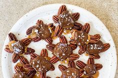 a white plate topped with chocolate covered pretzels and pecans on top of a table