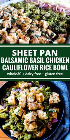 sheet pan balsamic basil chicken cauliflower rice bowl with text overlay