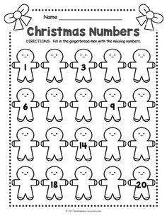 christmas numbers worksheet with gingerbreads for the number 1 to 20,