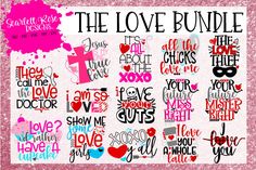 the love bundle is displayed on a pink background with hearts and words in different colors