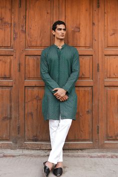 Republic green chikankari kurta for men Green Chikankari Kurta, Pine Green