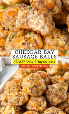 cheddar bay sausage balls in a white bowl with the title above it and below