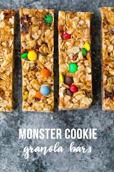 monster cookie granola bars with m & m candies on top and the words monster cookie granola bars above them