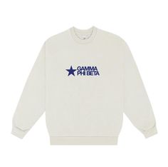 a white sweatshirt with the words gama phibea printed in blue on it