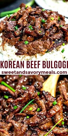 korean beef bulgogi served over rice on a plate with chopsticks