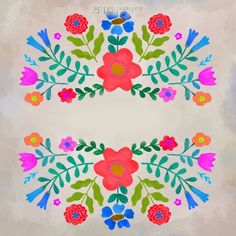 an artistic painting of flowers and leaves on a white background with blue, red, pink, orange and green colors