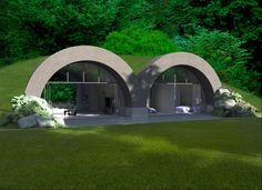 an artist's rendering of the inside of a building with green grass and trees in the background