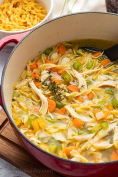 a red pot filled with chicken noodle soup