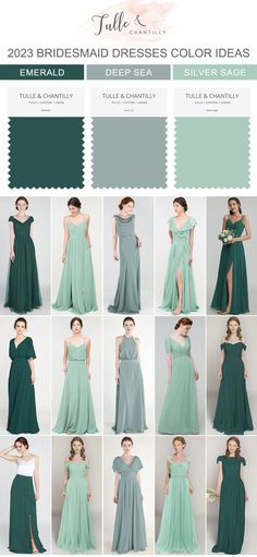 the bridesmaid dresses color guide is shown in several different colors and styles, including green