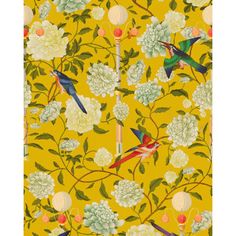 a yellow wallpaper with birds and flowers on the outside, in front of a white flower