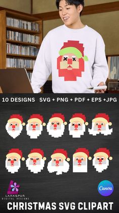 a man standing in front of a blackboard with santa clauss on it and the words christmas svg clipart