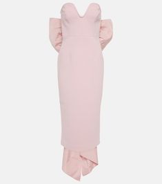 Bridal Annabelle strapless midi dress in pink - Rebecca Vallance | Mytheresa Strapless Elastane Midi Dress For Party, Strapless Party Midi Dress, Strapless Elastane Midi Dress, Boned Corsets, Rebecca Vallance, Strapless Sweetheart Neckline, Midi Dress Style, Strapless Midi Dress, Large Bow