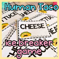 ice breaker game for human taco with the words'ice breakers'in black and white