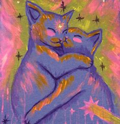 a painting of a cat hugging another cat with stars on it's chest and eyes closed