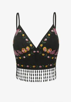 ZAFUL Faux Suede Fringed Floral Embroidered Cami Top - Black Embroidered Cami Top, Black Cami Top, Casual Kimono, Cute Style, Suede Fringe