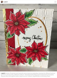 a christmas card with poinsettis on it