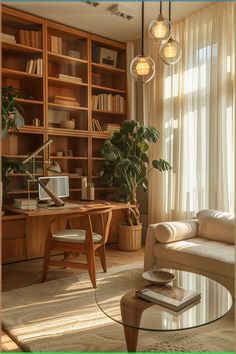 a living room filled with lots of furniture and bookshelves next to a window