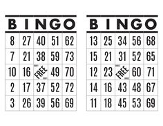 two black and white printable numbers with the word bingo written in each letter on them