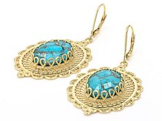 Artisan of Collection of Turkey™ Oval Composite Turquoise 18k Yellow Gold Over Silver Dangle Earrings. Measures Approximately 2.20"L x 1.14"W. Lever Back Closure. This product contains composite turquoise. This means separate pieces of turquoise were bound together. Luxury Turquoise Cabochon Earrings, Luxury Turquoise Drop Earrings, Fine Jewelry Turquoise Oval Earrings, Turquoise Oval Fine Jewelry Earrings, Turquoise Oval Earrings Fine Jewelry, Fine Jewelry Oval Turquoise Earrings, Turquoise Pierced Earrings In Fine Jewelry Style, Turquoise Pierced Earrings Fine Jewelry, Turquoise Fine Jewelry Earrings