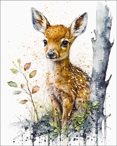 a painting of a baby deer sitting next to a tree