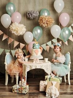 Paris, Prada, Pearls, Perfume -- love the color theme and vintage hot air balloons! Fest Temaer, Balloon Backdrop, Tea Party Birthday, Baby Party, Princess Party, Party Inspiration, Bday Party, 1st Birthday Parties, Pom Poms