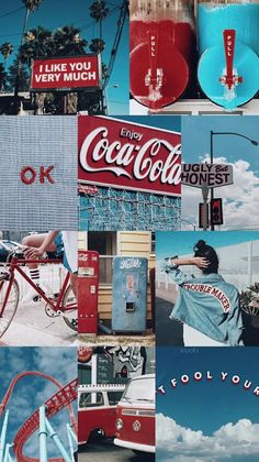 collage of various images including coca cola and roller coasters