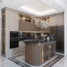 an elegant kitchen with marble floors and gold accents