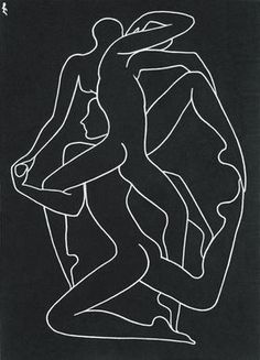 a black and white drawing of a man hugging a woman's back in front of a dark background