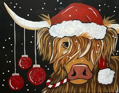 a painting of a brown cow wearing a santa hat with ornaments hanging from it's horns