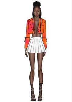 a drawing of a woman in an orange jacket and white pleated skirt with high heels