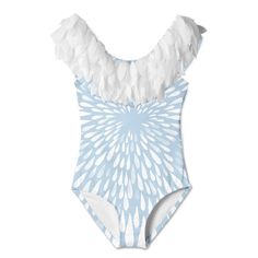 This Stella Cove Swimsuit Will Be Your Girl's Favorite! A Sky Blue One Piece With White Splash Print And Fabulous Petal Details At The Shoulder Make It So Fun To Wear. Scoop Back. True To Size. White Ruffled Swimwear For Play, White Ruffled Onesie For Playwear, Playful Blue Onesie For Summer, Playful Blue Summer Onesie, Spring Beach Fitted Onesie, Playful Blue Summer Bodysuit, Playful Blue Bodysuit For Summer, Blue Onesie For Beach In Summer, White Summer Bodysuit For Playwear