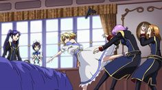 an anime scene with two women and one man standing in front of a bed while another woman