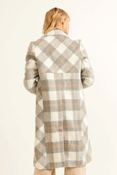 Wool-blend plaid overcoat. Brushed texture. Oversized lapel collar. Double-breasted button closure. Long sleeves. Padded shoulder. Side pockets. Yoke back. Back vent. Calf length. Fitted silhouette. 90% Polyester, 10% Wool. Imported. Designed in LA. Model wears size S. This item is final sale. Plaid Overcoat, Peasant Skirt, Plaid Coat, Oversized Cardigan, Textured Knit, Lapel Collar, Lucky Brand, Double Breasted, New Product