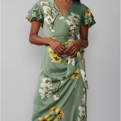 Ny & Co Women Flutter Sleeve Floral Warp Dress Plus Size Xxl Color Green Nwt Green Flutter Sleeve Summer Dress, Fitted Flutter Sleeve Midi Dress For Spring, Feminine Yellow V-neck Midi Dress, Fitted Midi Dress With Flutter Sleeves For Spring, Spring Casual Maxi Dress With Butterfly Sleeves, Casual Spring Maxi Dress With Butterfly Sleeves, Spring Midi Dress With Ruffles And Butterfly Sleeves, Chic Green Dress With Butterfly Sleeves, Spring Feminine Midi Dress With Butterfly Sleeves