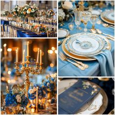 a collage of photos with blue, gold and white table settings for a formal dinner