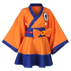 an orange and blue kimono is on display