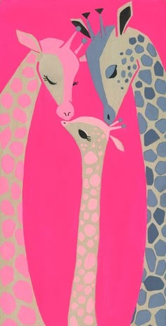 two giraffes are standing next to each other in front of a pink background