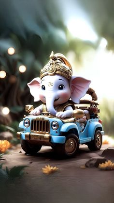 an elephant riding in the back of a blue jeep with lights on it's roof