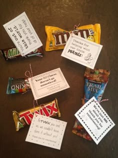 some candy bars are sitting on a table