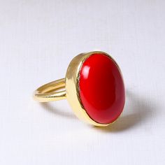 18K Gold Plated Ring, Red Coral Ring, Stacking Ring, Indian Artisan Ring, Bezel Set Ring, Oval Gemstone Ring, Women Fashion Ring Product Details Item Code: BJBR-2276 Stone Name: Synthetic Red Coral Stone Shape : Oval Stone Size : 12*17 mm Metal: 18K Yellow Gold Plated Over Brass Ring Sizes: Please choose from the drop-down menu. If you do not see your finger size, select custom and I'll make a ring just for you!  Shipping Info: All my items are safely and nicely packaged and shipped in a beautif Gold Oval Enamel Ring, Oval Ruby Rings For Gift, Oval Ruby Rings Suitable For Gifts, Red Oval Cabochon Ring, Red Oval Cabochon Jewelry For Anniversary, Adjustable Red Oval Ruby Ring, Adjustable Oval Red Ruby Ring, Red Oval Cabochon Ruby Ring For Gift, Oval Cabochon Rings With Bezel Setting For Gift