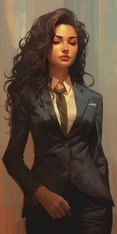 a painting of a woman in a suit with long dark hair and wearing a green tie