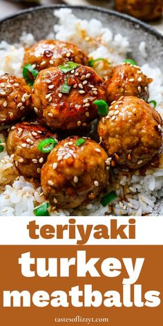 teriyaki turkey meatballs with white rice and green onions