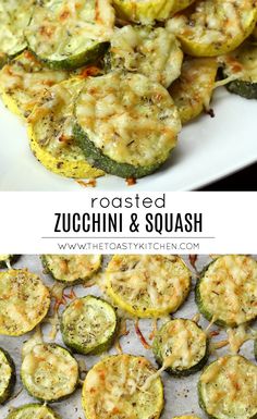 roasted zucchini and squash on a white plate with the title in the middle