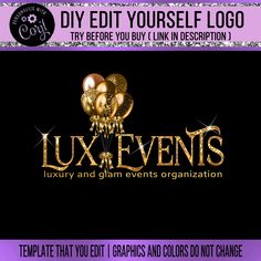 the luxury logo design for luxury events is shown in gold and black with sparkles