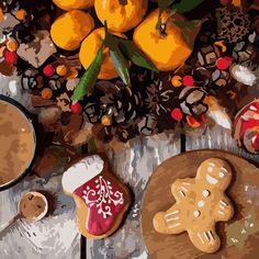 a painting of some cookies and oranges on a table with pine cones in the background