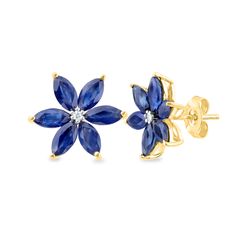 Add a touch of pretty florals to your everyday look with these blue sapphire and diamond accent flower stud earrings. Crafted in 10K yellow gold, marquise brilliant cut blue sapphires glisten around a round single cut center diamond in each dainty earring. | Blue Sapphire and Diamond Accent Flower Stud Earrings | 10K Yellow Gold | Size 12.00mm | Helzberg Diamonds Gold Earrings Blue Stone, Gold And Sapphire Earrings, Blue Diamond Earrings, Diamond Tops, Blue Sapphire Studs, Helzberg Diamonds, Sapphire Studs, Flower Stud Earrings, Flower Stud